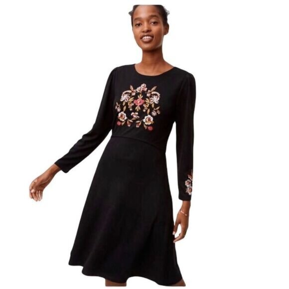 Loft‎ Black Embroidery Fit And Flare Dress Size 0 - Picture 1 of 8